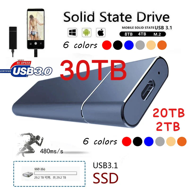 External Portable SSD 2TB 20TB 30TB USB 3.1 Type-C High Speed Drive