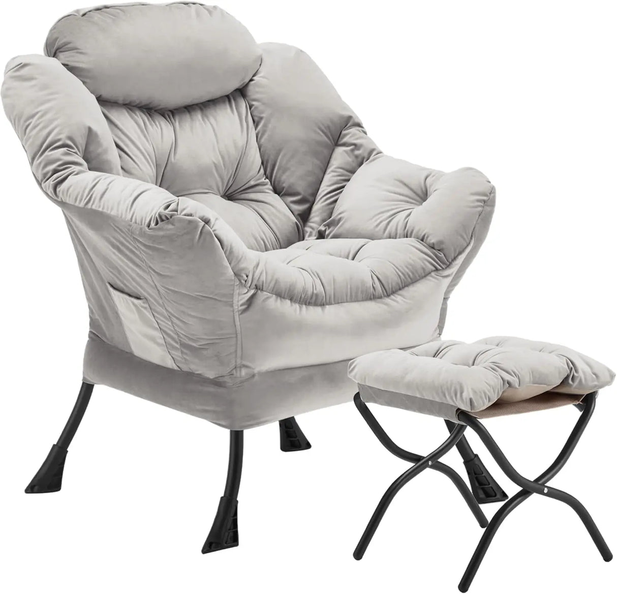 Velvet Lazy Chair with Folding Ottoman Accent Armchair Non-Slip Metal Frame