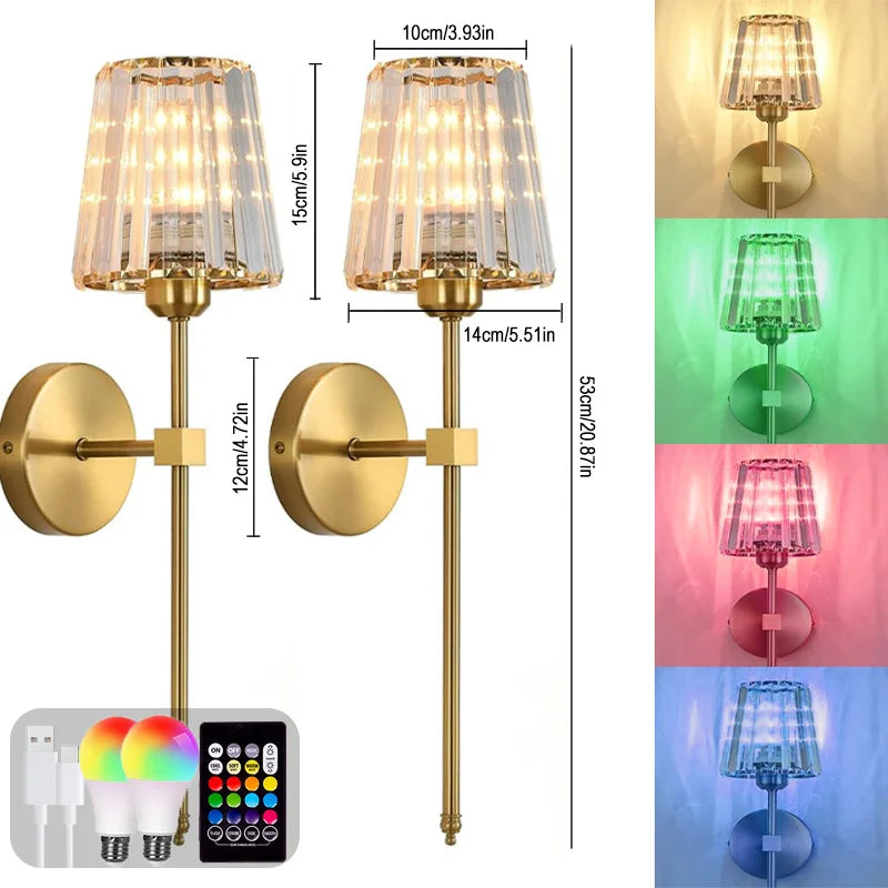 Crystal Wall Lamp 1/2PCS – RGB Dimmable Wireless Sconce with Remote for Bedroom