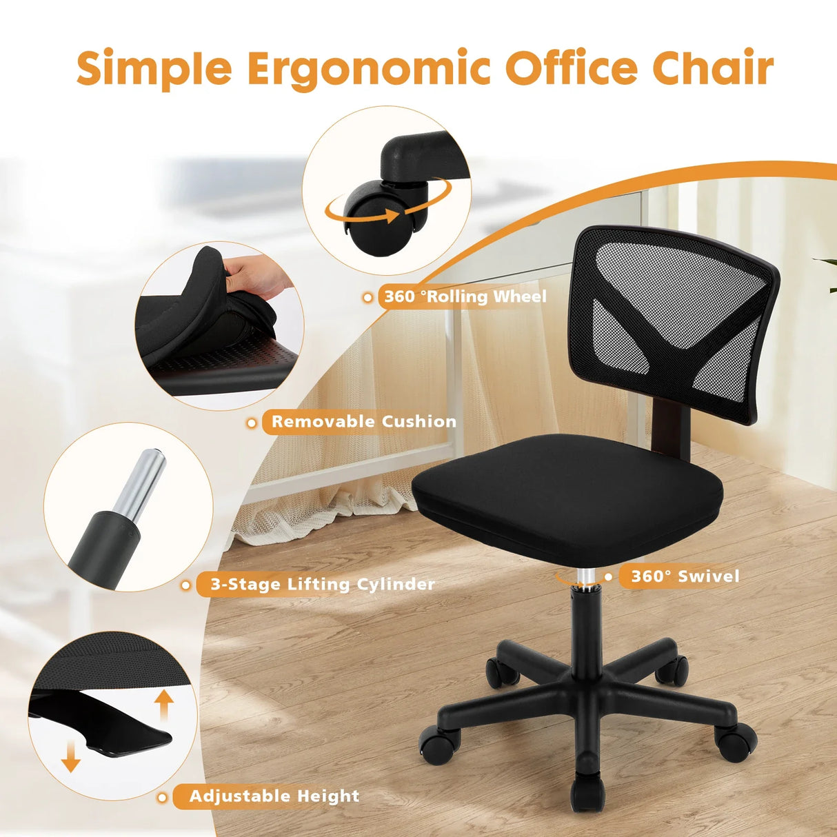 Armless Mesh Office Chair Low Back Adjustable Height Swivel Computer Chair