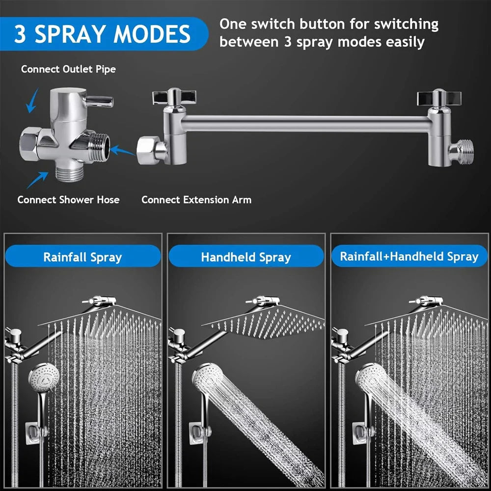 High Pressure Rain Shower Head 8-12Inch with Handheld & Adjustable Arm Spray
