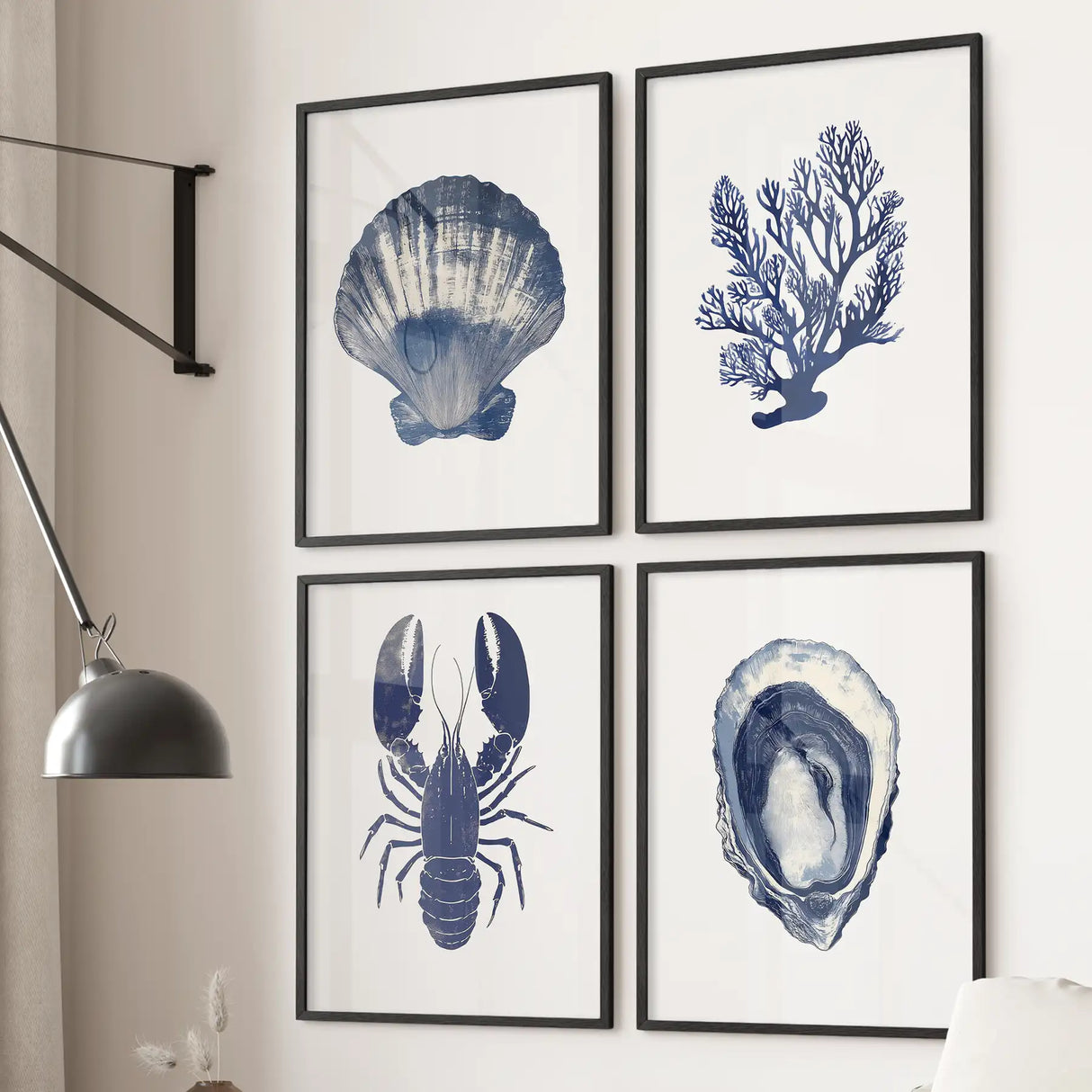Set of 4 Piece. Lobster, Shell, Seaweed Wall Art