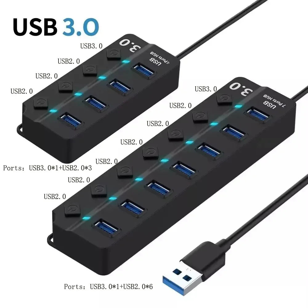 4/7-Port USB 3.0 Hub with LED Indicator Switch for Laptop Flash Drive Hard Disk