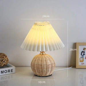 Pleated Fabric Bedside Table Lamp USB LED Light Retro Rattan Shade for Home Decor