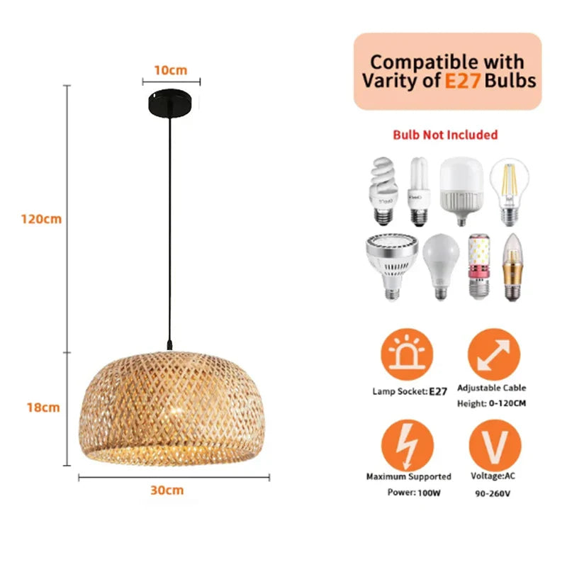 Handwoven Bamboo Rattan Pendant Lamp – Natural Wicker LED Hanging Light E27