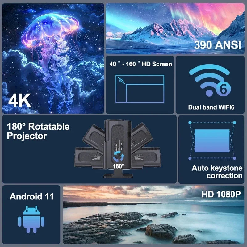 2025 4K Android 11 Projector 1080P 390ANSI Dual WiFi6 BT5.0 Portable Cinema
