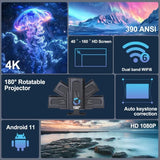 2025 4K Android 11 Projector 1080P 390ANSI Dual WiFi6 BT5.0 Portable Cinema