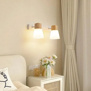 Minimalist Wooden Wall Lamp Double Head Glass Bedside Sconce Bedroom