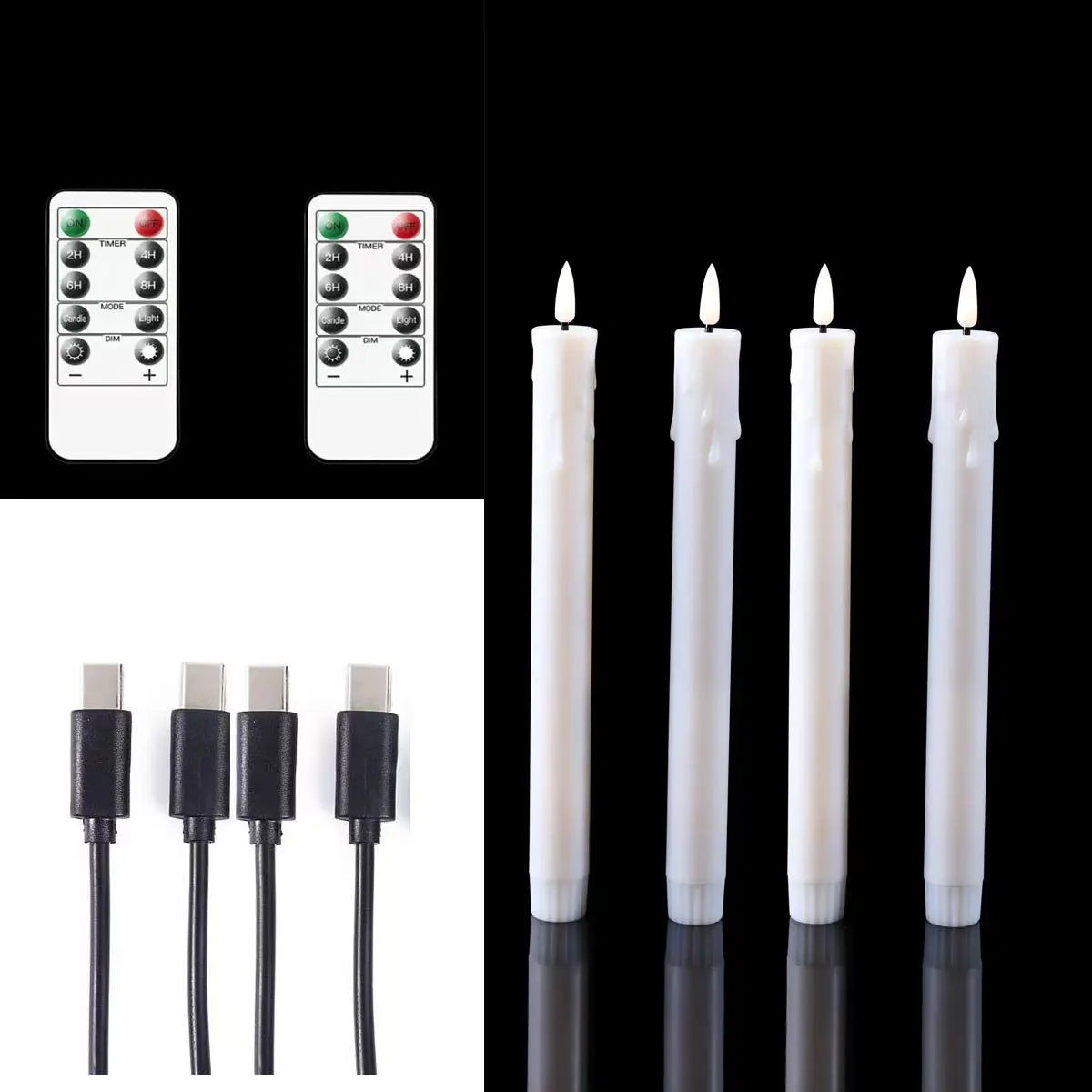 Flameless LED Taper Candles Remote USB Rechargeable Warm White 10 Inch Set