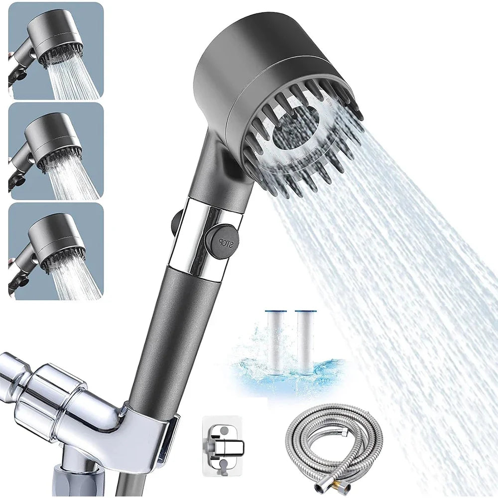 High Pressure Handheld Shower Head 3 Modes Filter Spa Spray with ON/OFF Water Save