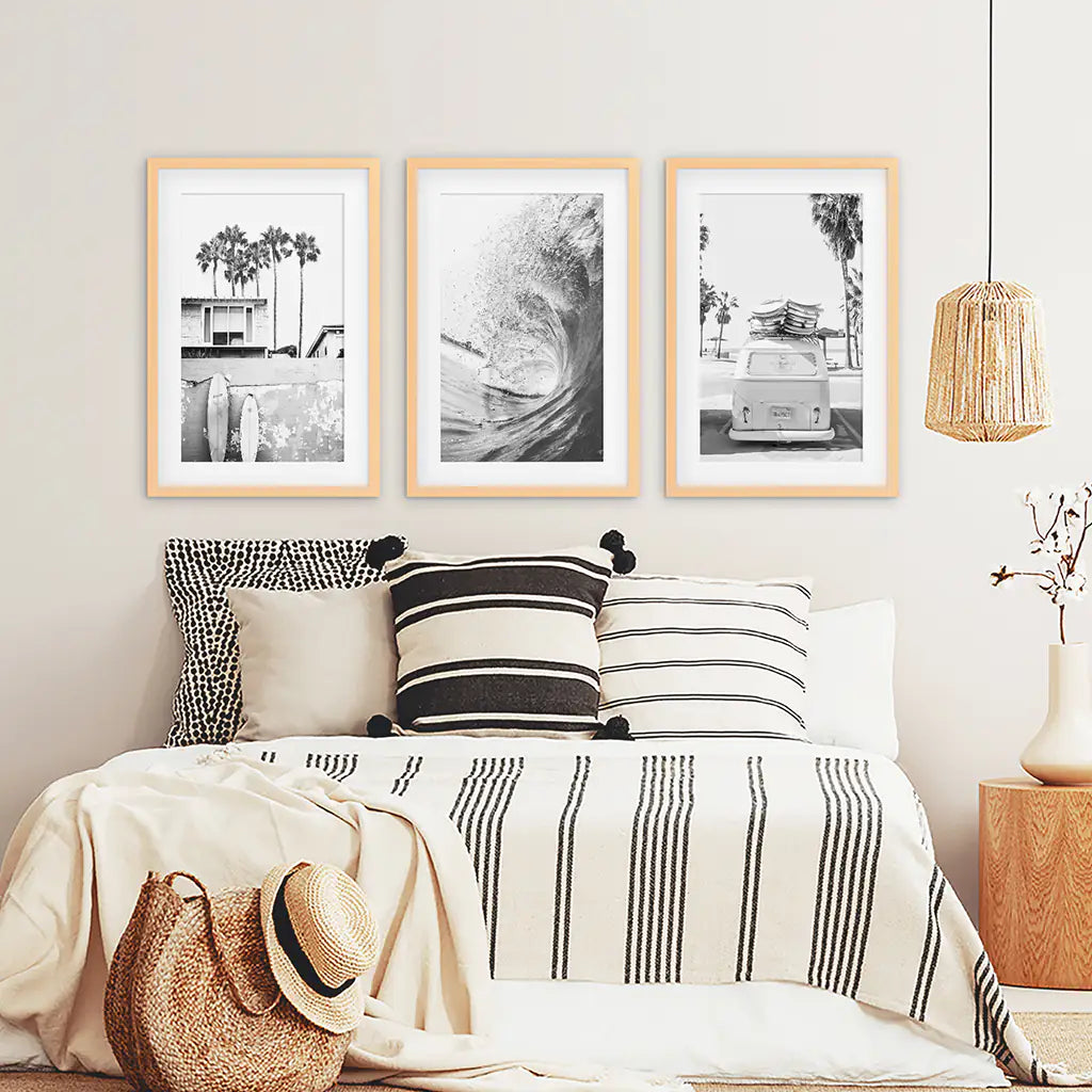 Black White California Surfing Prints. Van, Ocean Wave, Surfboards