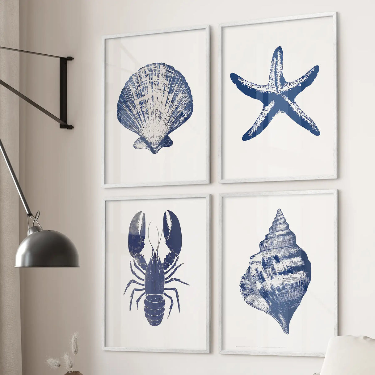 Set of 4 Art Prints. Starfish, Lobster, Seashell