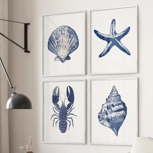 Set of 4 Art Prints. Starfish, Lobster, Seashell