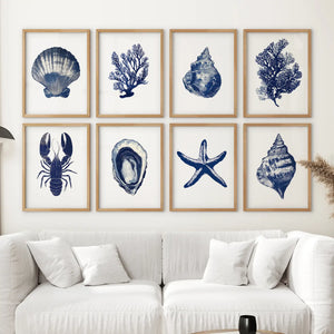 Set of 8 Nautical Prints. Starfish, Shell, Seaweed, Lobster