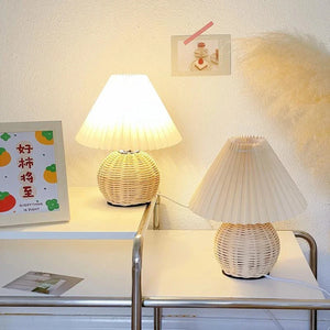 Pleated Fabric Bedside Table Lamp USB LED Light Retro Rattan Shade for Home Decor