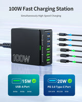 100W GaN Charger 6 Port USB C PD 3.0 Fast Charging Hub for Laptop Phone