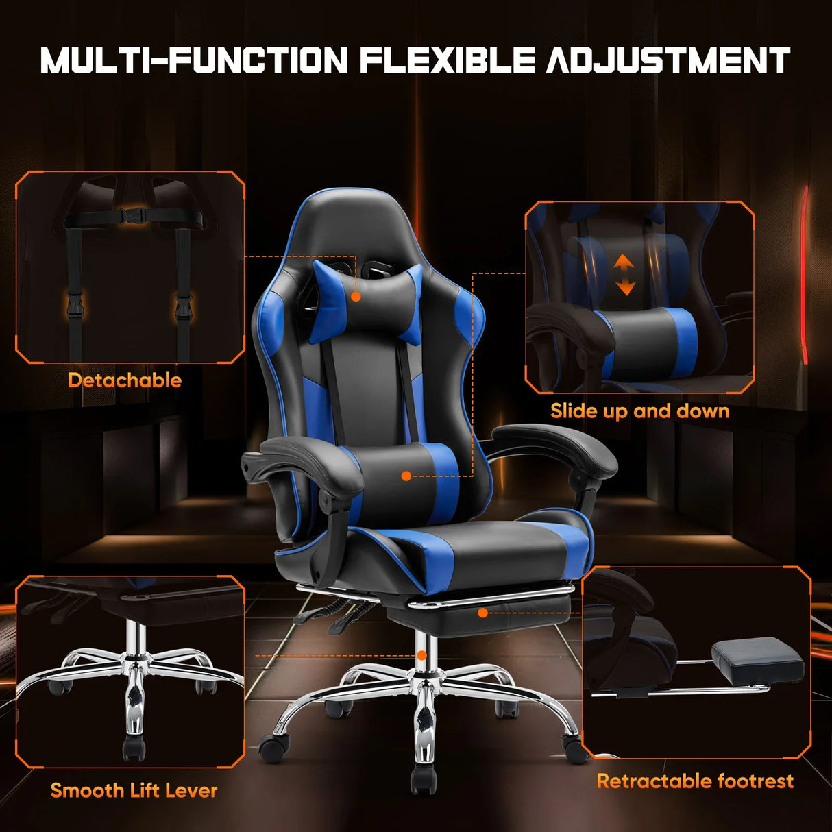 Ergonomic Gaming Chair Adjustable Swivel PU Leather Office Chair Lumbar Headrest