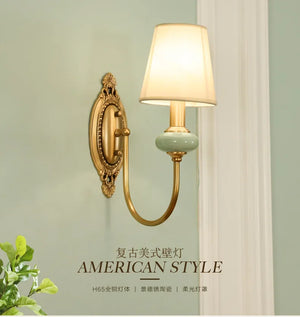 American Style Copper Wall Lamp Ceramic Bedside Sconce Antique Decor Light