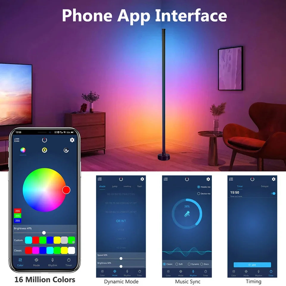 Smart RGB LED Corner Floor Lamp Music Sync App & Remote Control Mood Light Timer