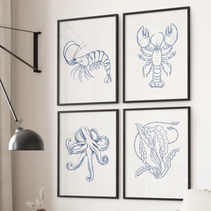 Sealife Line Art Set of 4 Prints. Lobster, Seaweed, Octopus