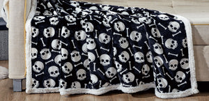 Skull & Bones Black Sherpa Throw Blanket Soft & Cozy Fleece, Gothic Skeleton Design, 50" x 60