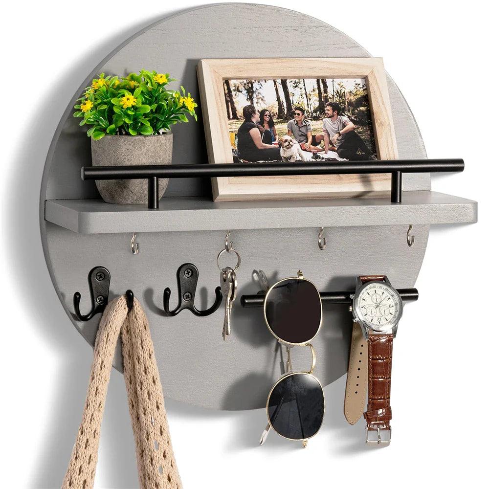 Round Wooden Key Holder Wall Mount Entryway Organizer Shelf Hooks