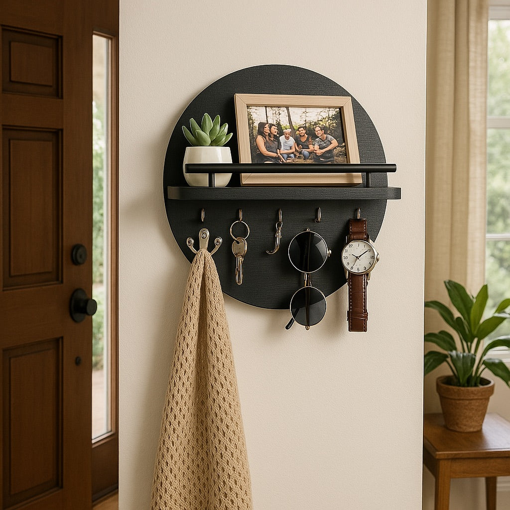 Round Wooden Key Holder Wall Mount Entryway Organizer Shelf Hooks