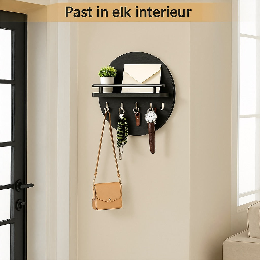 Round Wooden Key Holder Wall Mount Entryway Organizer Shelf Hooks
