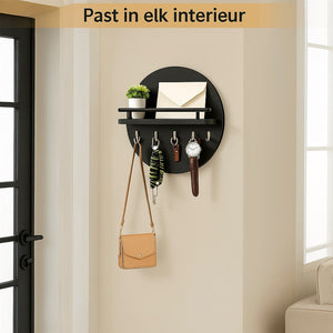 Round Wooden Key Holder Wall Mount Entryway Organizer Shelf Hooks