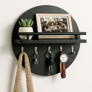 Round Wooden Key Holder Wall Mount Entryway Organizer Shelf Hooks