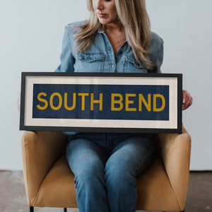 Framed South Bend Navy and Gold Bus Scroll