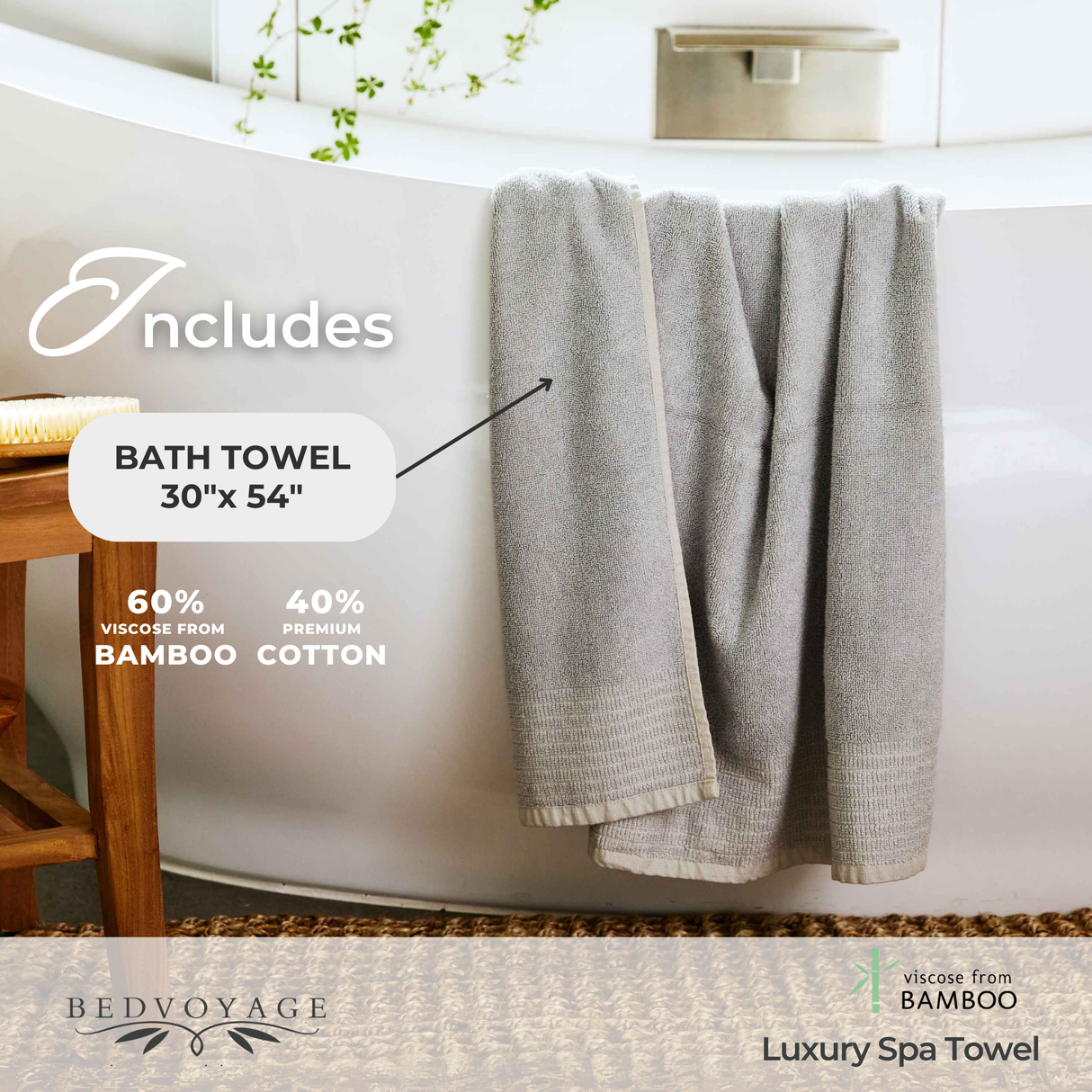 Bamboo Cotton Spa Towel Set - Viscose from Bamboo + Cotton - 6pc Set - Stone by BedVoyage