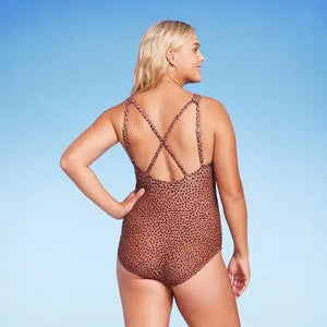 Spotted Print High Neck Ruched Full Coverage One Piece Swimsuit - Kona Sol