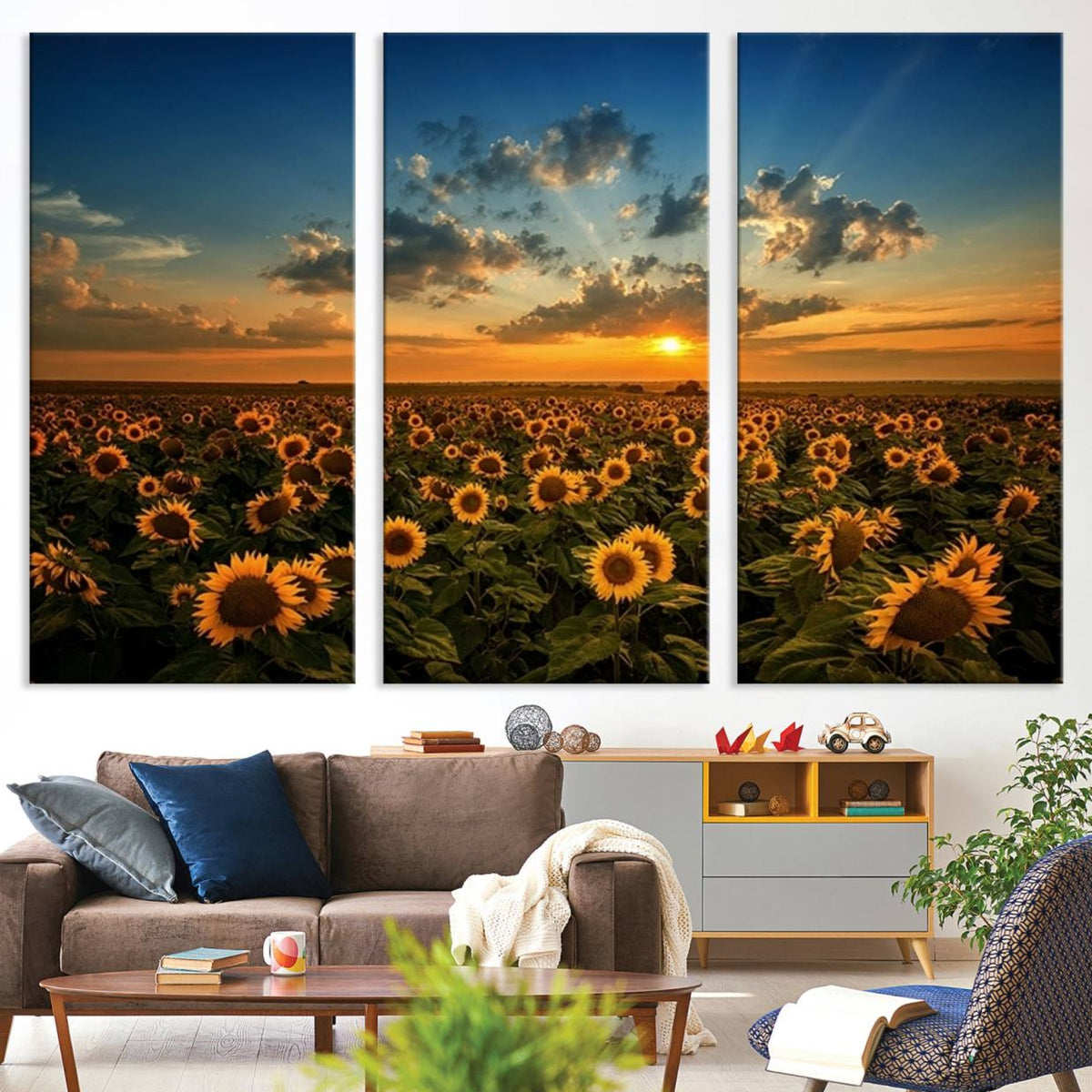 Sunflower Field Sunset Wall Art Canvas Print Wall Artwork,