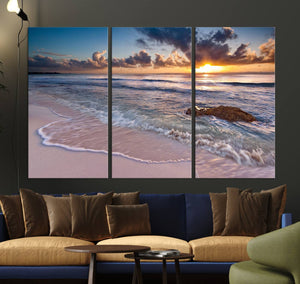 Sunset Beach Waves Canvas Wall Art – Triptych Ocean Print –