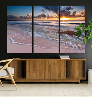 Sunset Beach Waves Canvas Wall Art – Triptych Ocean Print –