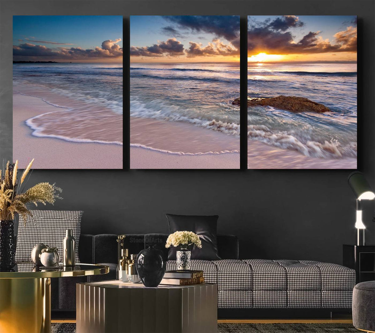 Sunset Beach Waves Canvas Wall Art – Triptych Ocean Print –