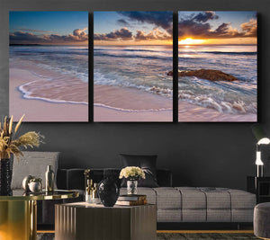 Sunset Beach Waves Canvas Wall Art – Triptych Ocean Print –