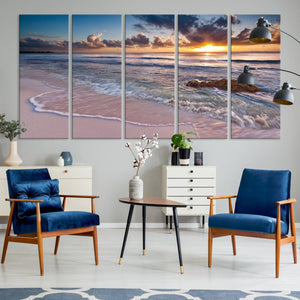 Sunset Beach Waves Canvas Wall Art – Triptych Ocean Print –