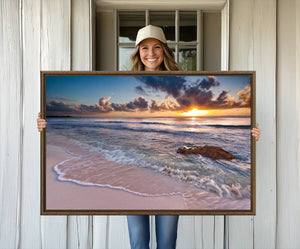Sunset Beach Waves Canvas Wall Art – Triptych Ocean Print –