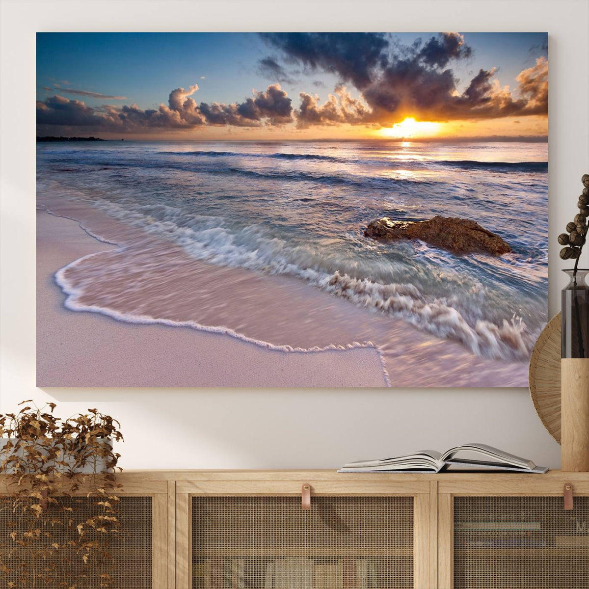 Sunset Beach Waves Canvas Wall Art – Triptych Ocean Print –