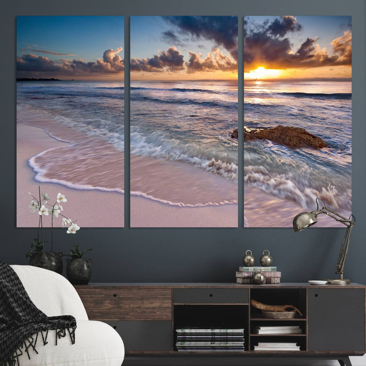 Sunset Beach Waves Canvas Wall Art – Triptych Ocean Print –