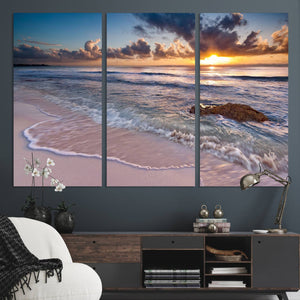 Sunset Beach Waves Canvas Wall Art – Triptych Ocean Print –