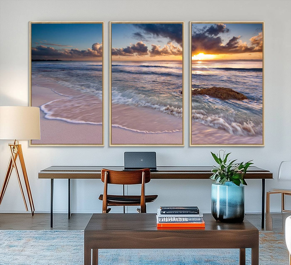 Sunset Beach Waves Canvas Wall Art – Triptych Ocean Print –
