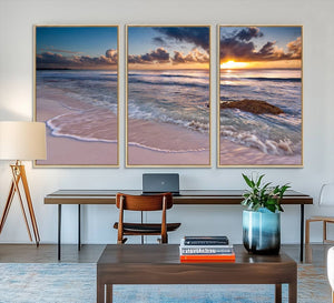 Sunset Beach Waves Canvas Wall Art – Triptych Ocean Print –