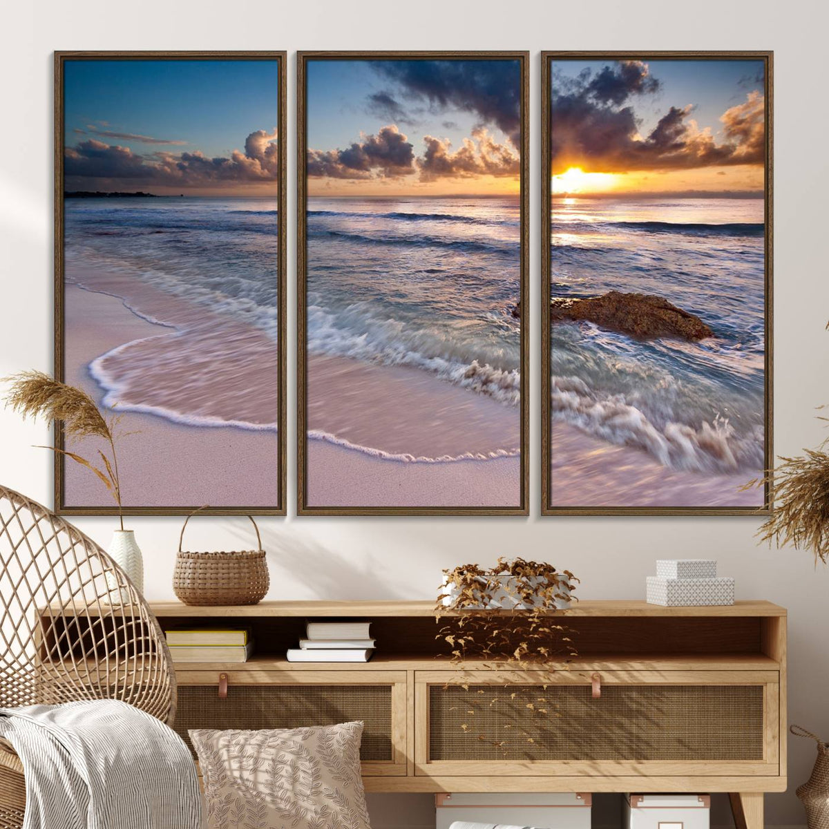 Sunset Beach Waves Canvas Wall Art – Triptych Ocean Print –