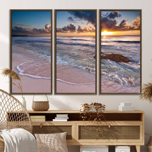 Sunset Beach Waves Canvas Wall Art – Triptych Ocean Print –