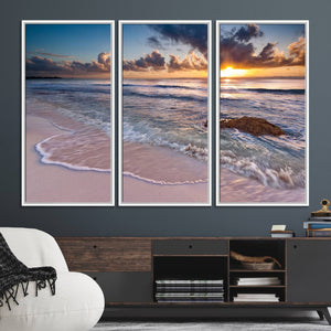 Sunset Beach Waves Canvas Wall Art – Triptych Ocean Print –