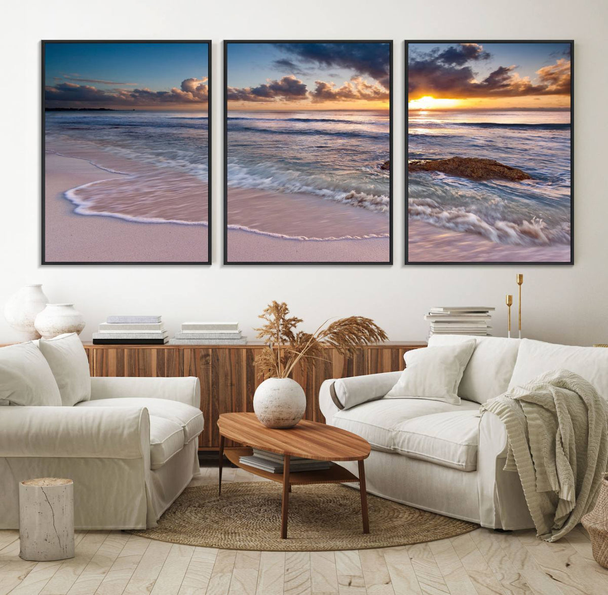 Sunset Beach Waves Canvas Wall Art – Triptych Ocean Print –