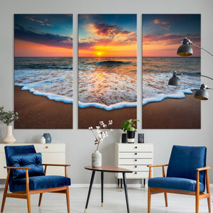 Sunset with Calm Waves on the Beach Wall Art Canvas Print
